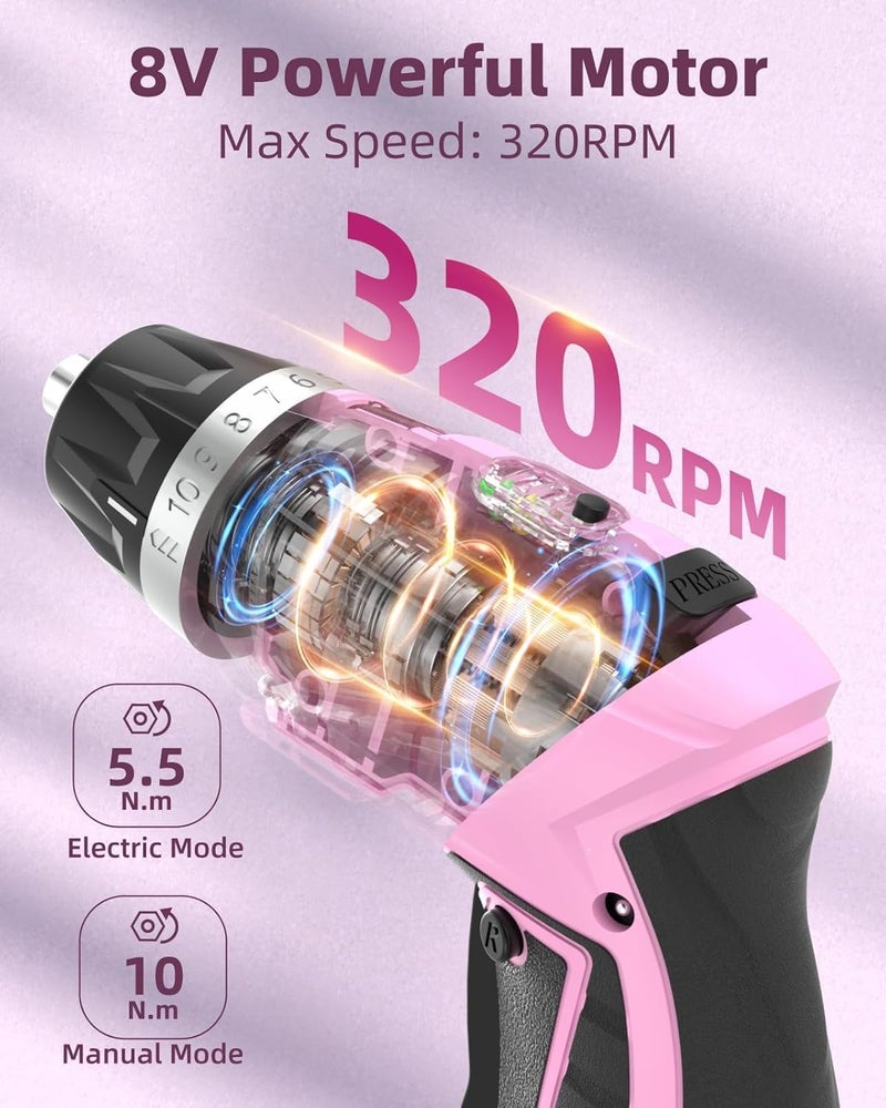 DuroFort Cordless Electric Screwdriver Set, 8V 10Nm Rechargeable Power Electric Drill, Battery Screw Gun with Driver Bit, 320RPM/10+1 Torque, 2 Position Handle, Flexible Shaft LED Light (Pink, 39Pcs) - Image 2